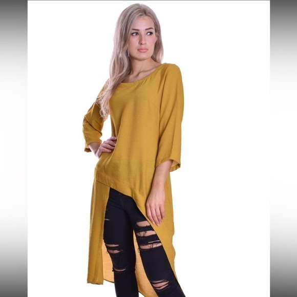 MontyQ,Lightweight Summer Maxi Tunic Asymmetrically Fitted,3/4 Sleeve in Saffron - Picture 2 of 13